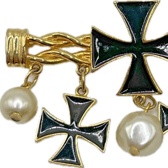Vintage Black Enamel Cross Imitation Dangling Pearls Bar Brooch Costume Jewelry - Picture 7 of 9